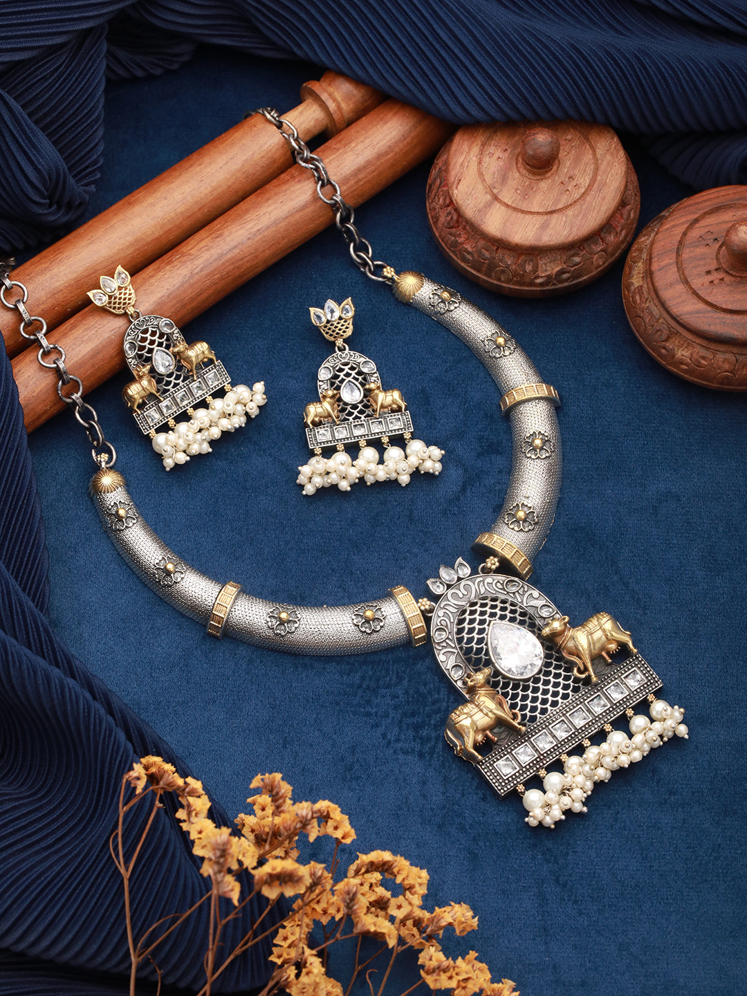 Dual Toned  Oxidised Silver Lookalike  Pearl Beaded Hasli Deer Motif Designer Jewellery Set